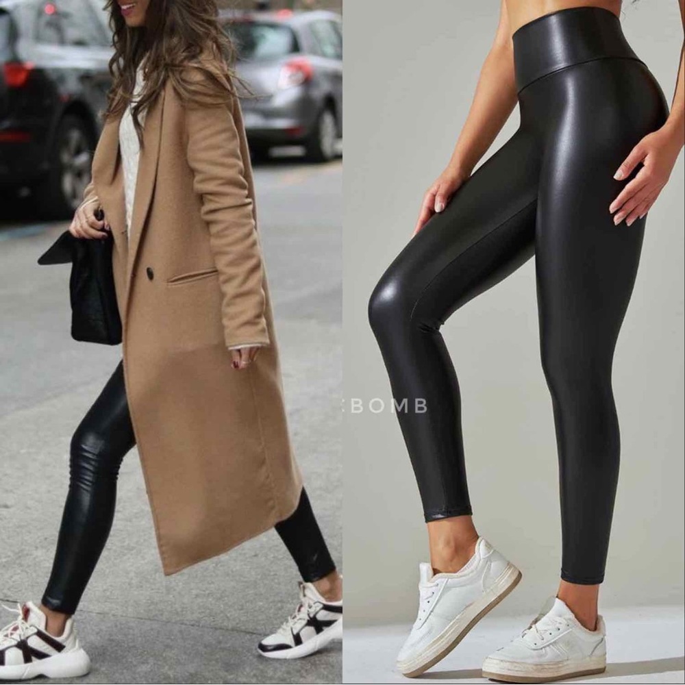 FAUX LEATHER HIGH WAISTED LEGGINGS - BLACK